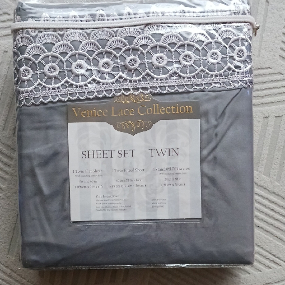 Grey And Lace Trim Twin Sheet Set NIB